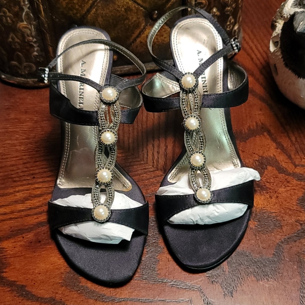 A. Marinelli Black Satin & Pearl Heel